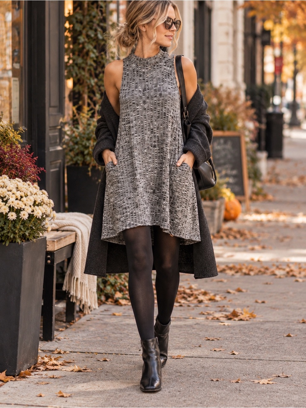 Maeve Anthropologie Emerson Swing Dress Gray Mock Neck Pockets S